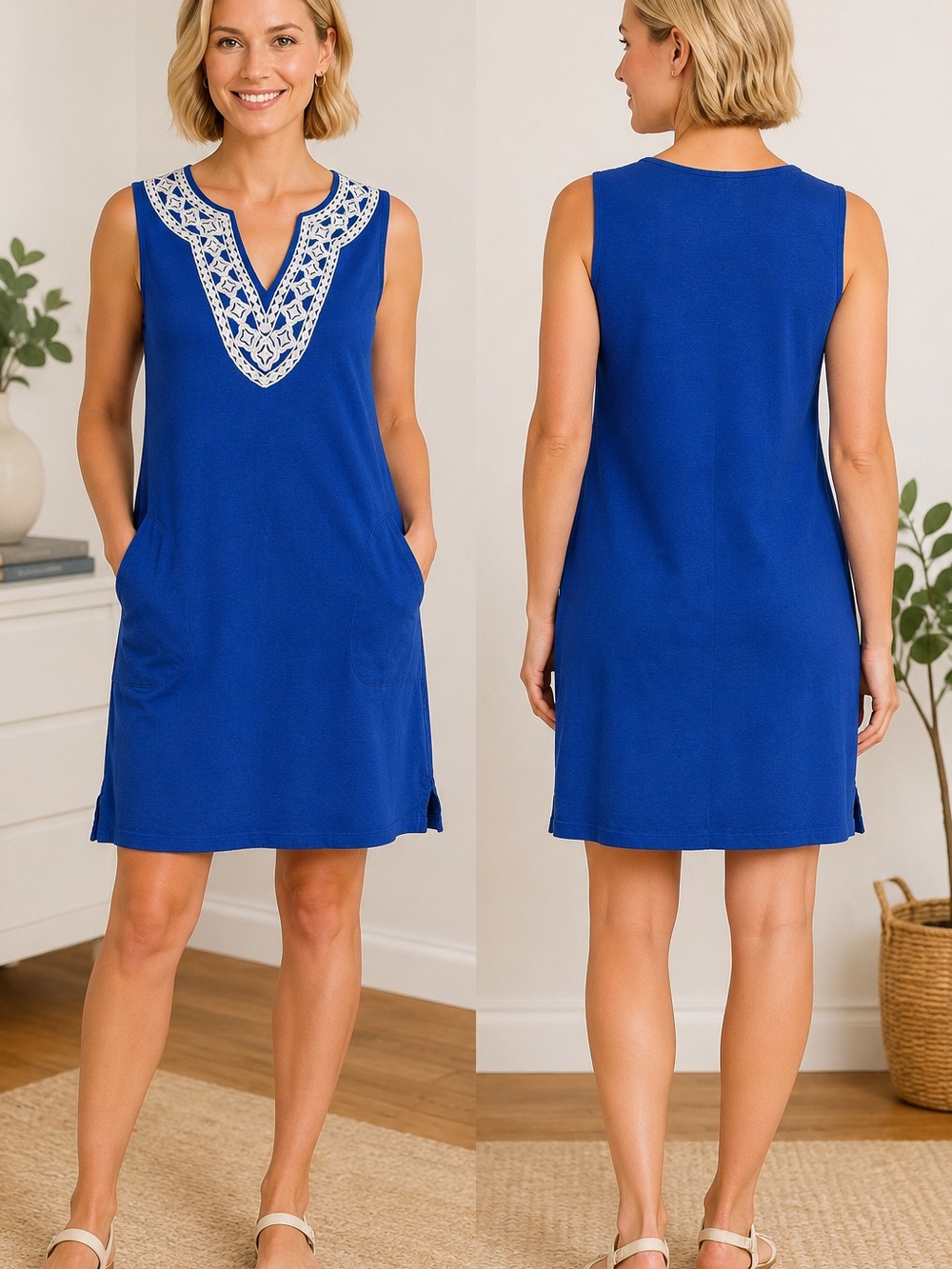 Lands' End Petite Sleeveless Dress
Blue Embroidered Neck Pockets S/P